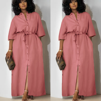 Simple Mid-Sleeve Belted Long Dress