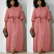 Pink belted midi dress with short sleeves and button-front placket