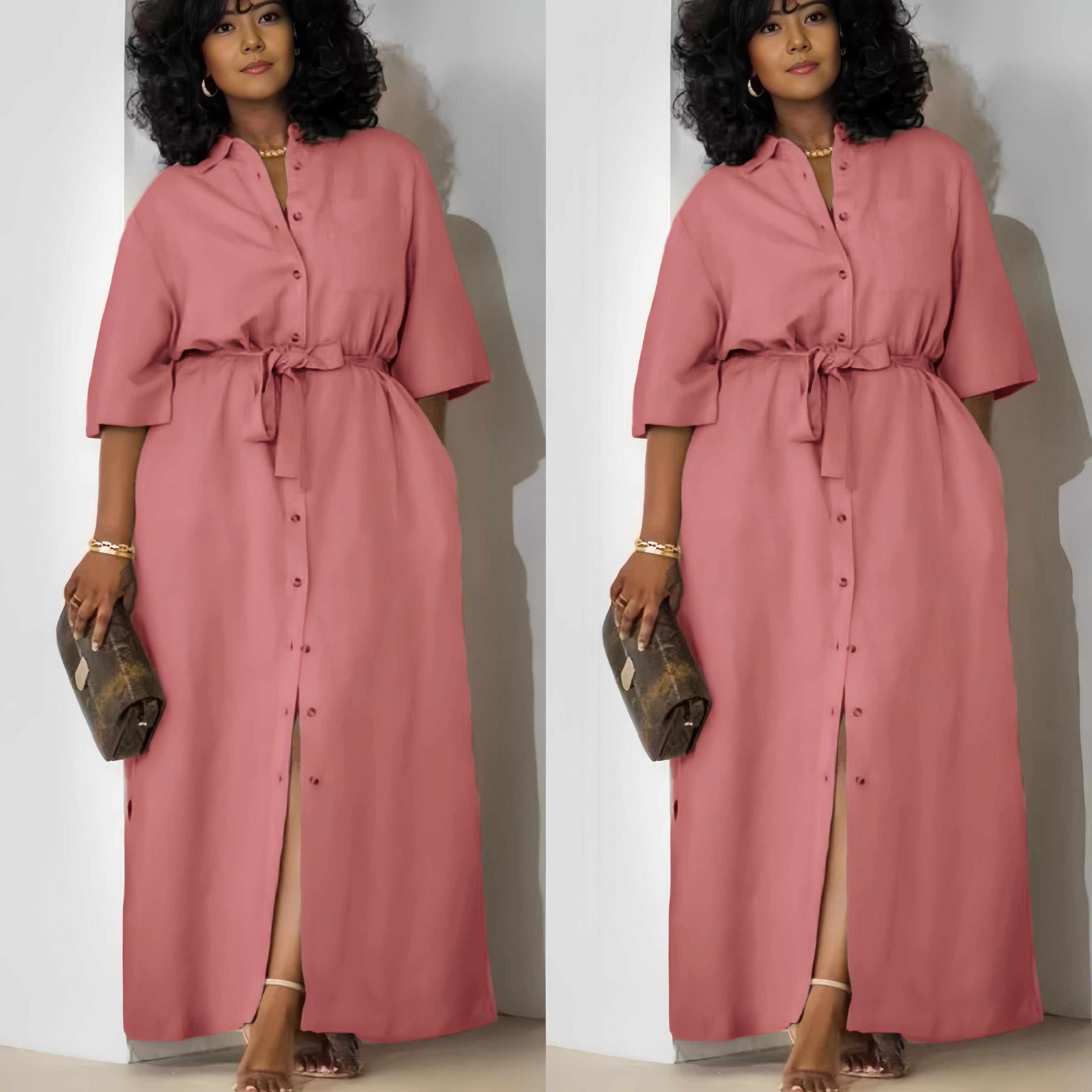 Pink belted midi dress with short sleeves and button-front placket