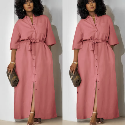 Pink belted midi dress with short sleeves and button-front placket