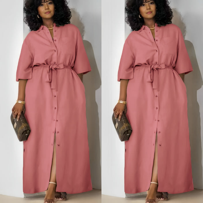 Pink belted midi dress with short sleeves and button-front placket