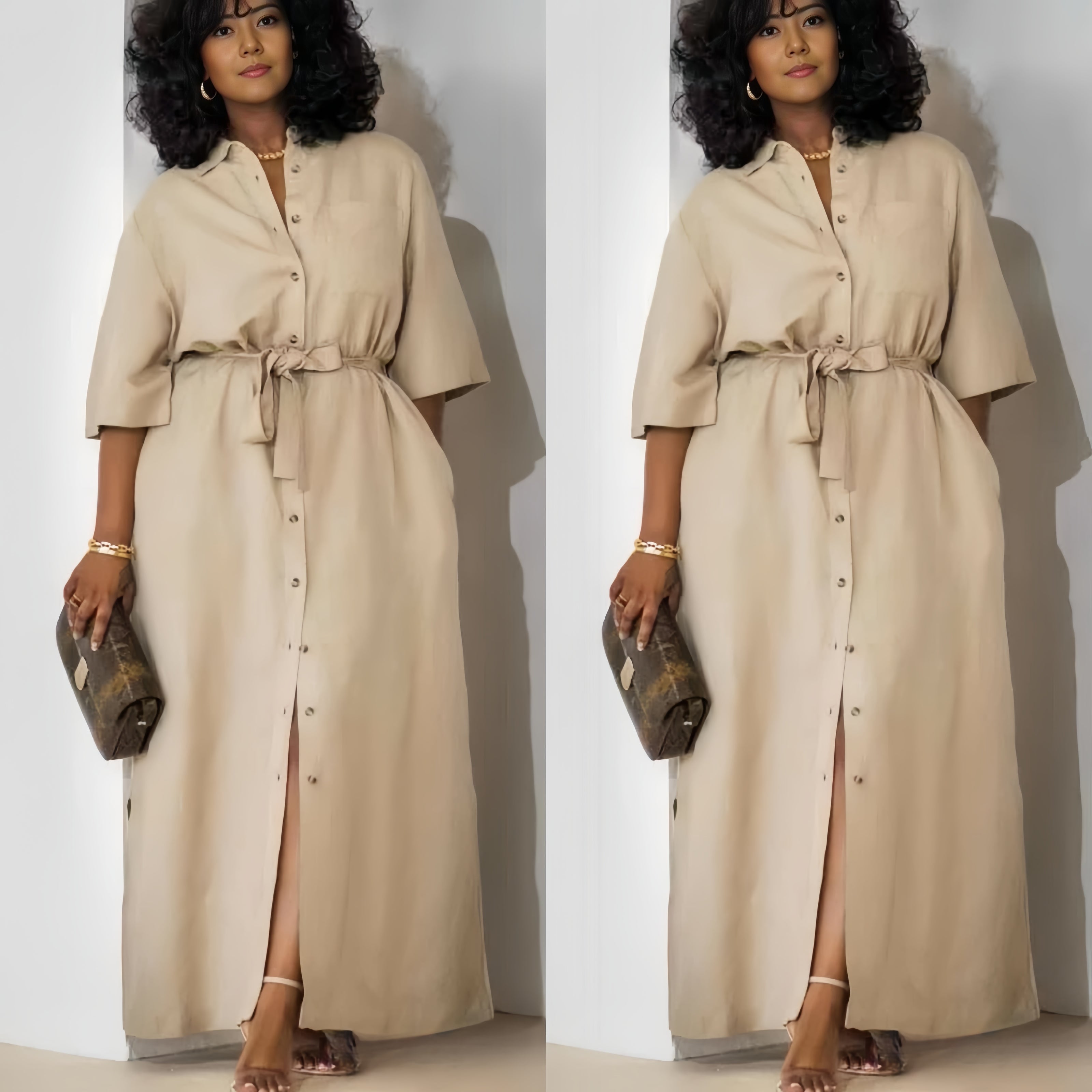 Simple Mid-Sleeve Belted Long Dress