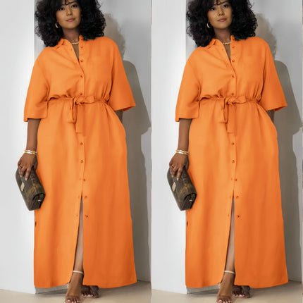 Simple Mid-Sleeve Belted Long Dress