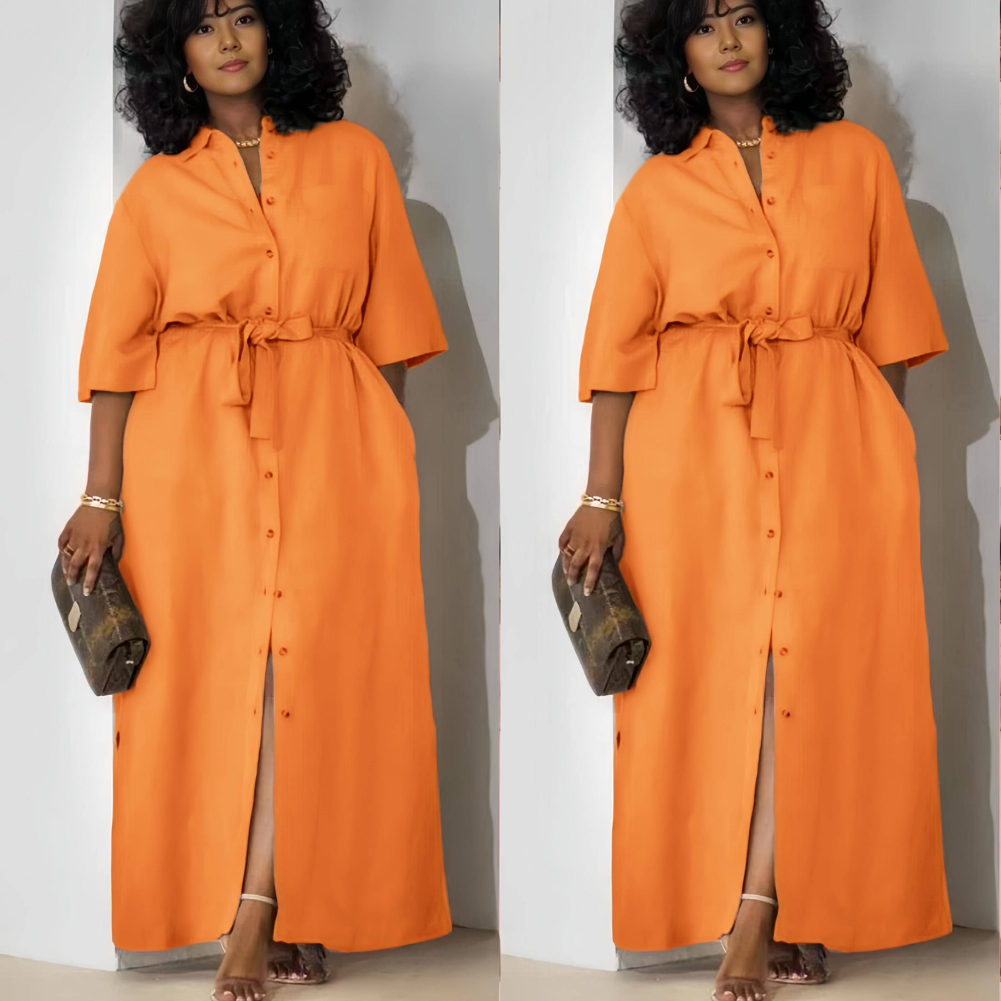 Orange belted midi dress with short sleeves and button-front placket