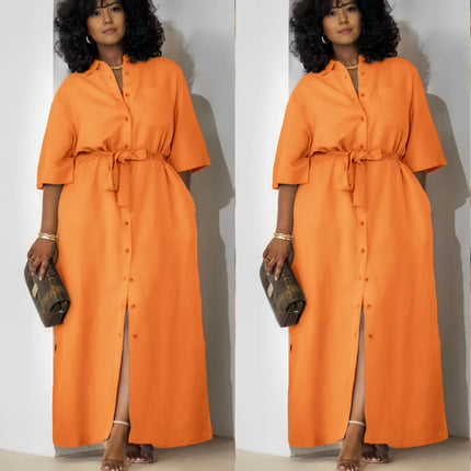 Orange belted midi dress with short sleeves and button-front placket