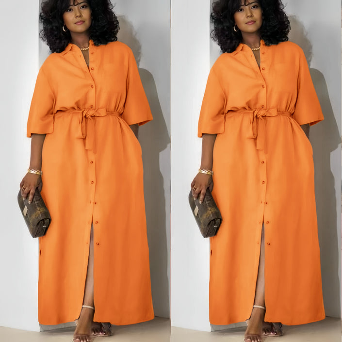 Orange belted midi dress with short sleeves and button-front placket