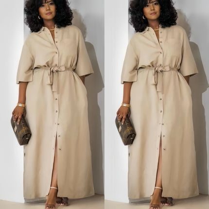 Simple Mid-Sleeve Belted Long Dress