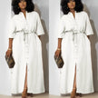 White belted midi dress with short sleeves and button-front placket
