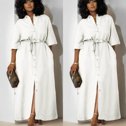 White belted midi dress with short sleeves and button-front placket