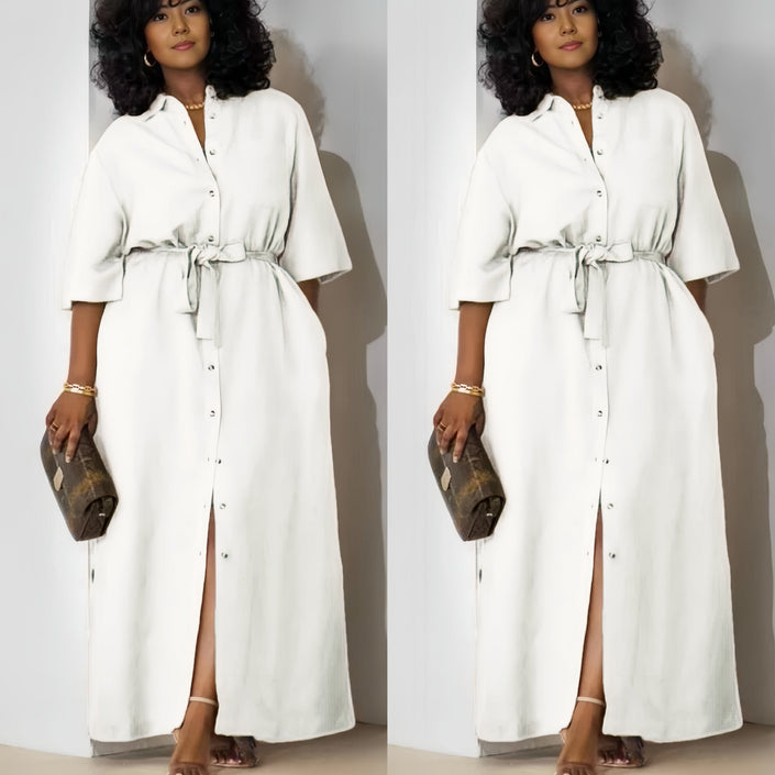 White belted midi dress with short sleeves and button-front placket