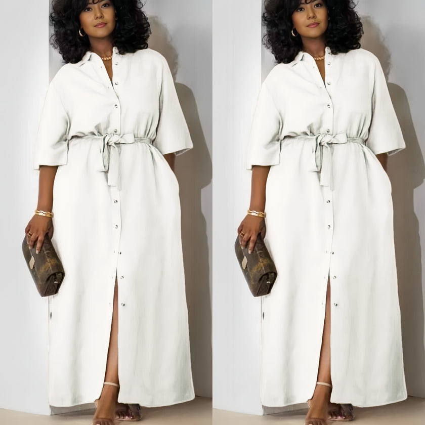 White belted midi dress with short sleeves and button-front placket