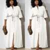 Simple Mid-Sleeve Belted Long Dress