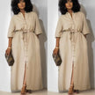 Khaki belted midi dress with short sleeves and button-front placket