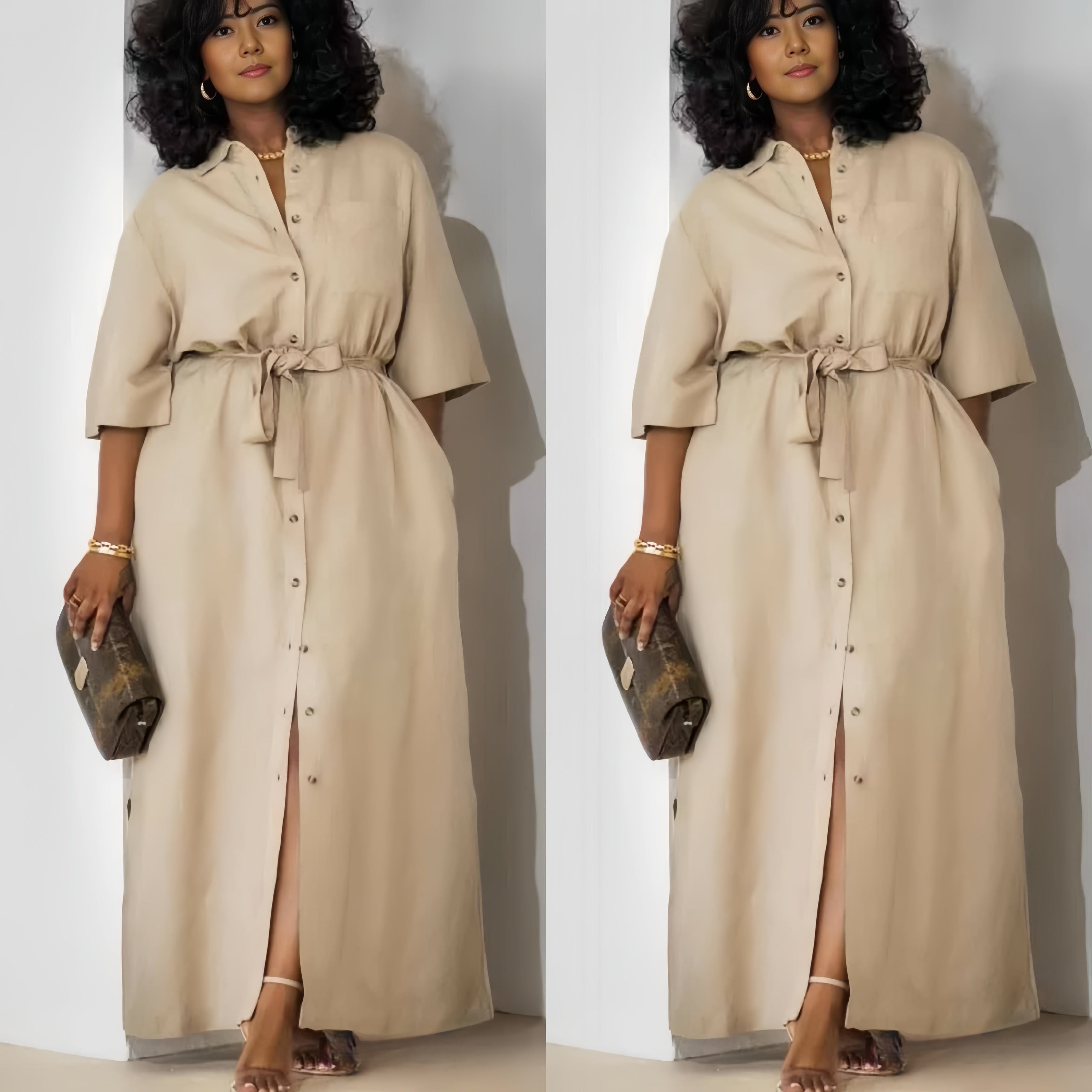 Khaki belted midi dress with short sleeves and button-front placket