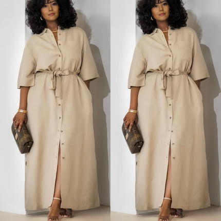 Khaki belted midi dress with short sleeves and button-front placket