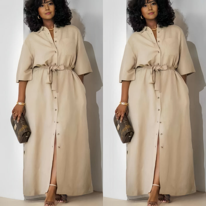 Khaki belted midi dress with short sleeves and button-front placket