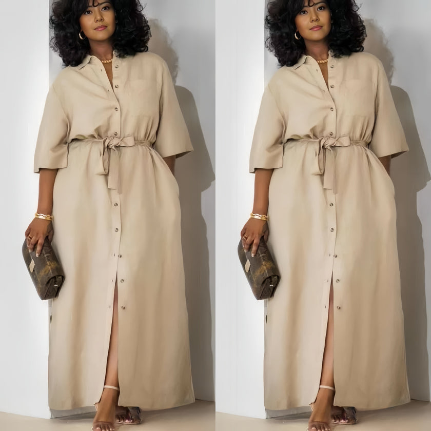 Khaki belted midi dress with short sleeves and button-front placket