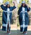 Geometric stripe robe dress with wide sleeves, dark teal and white paneling