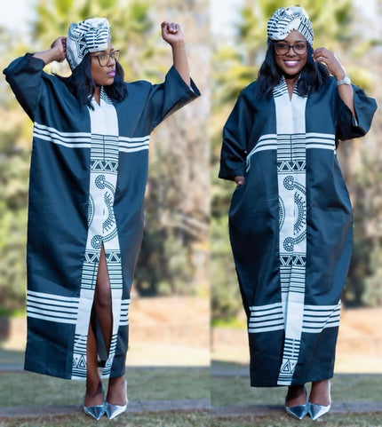 Geometric stripe robe dress with wide sleeves, dark teal and white paneling