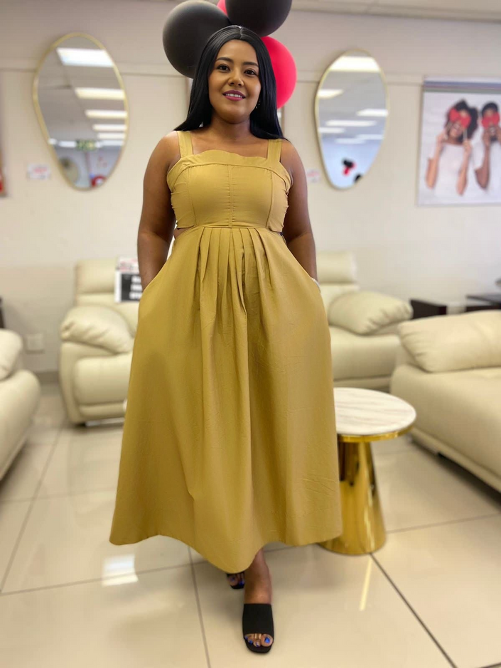 Olive pleated sleeveless midi dress with high waist seam and gathered skirt