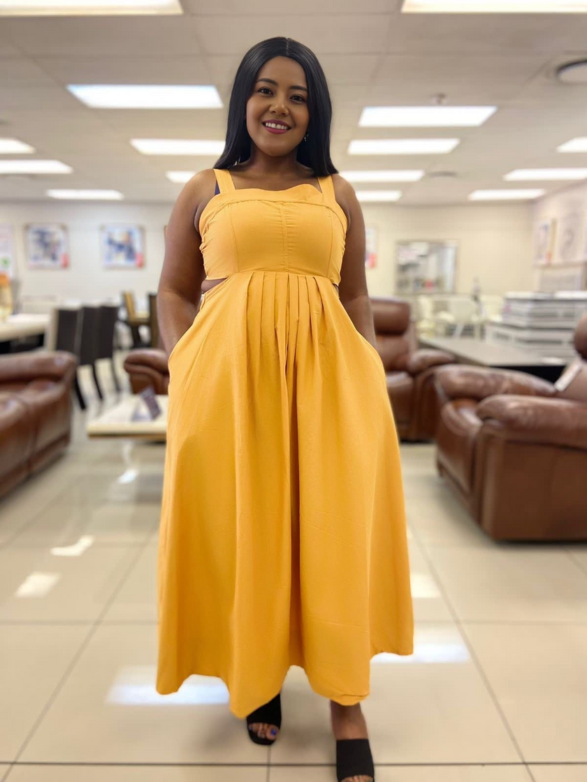 Mustard yellow pleated sleeveless midi dress with high waist seam