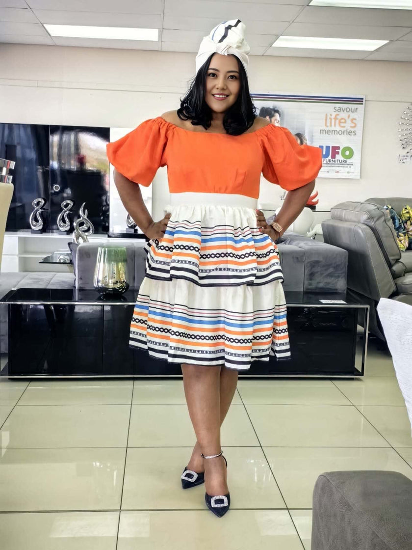 Geometric Stripe Print Dress with Ruffled Off-Shoulder Top