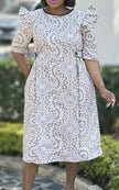 Knee-Length Dress with Symmetrical Circular Floral Motifs and Puffed
