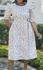 Knee-Length Dress with Symmetrical Circular Floral Motifs and Puffed