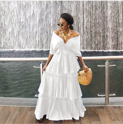 Off-shoulder tiered maxi dress in white with layered ruffle skirt