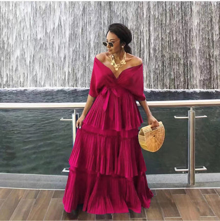 Off-shoulder tiered maxi dress in maroon with layered ruffle skirt