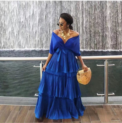 Off-shoulder tiered maxi dress in blue with layered ruffle skirt