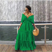 Off-shoulder tiered maxi dress in sea-green with layered ruffle skirt