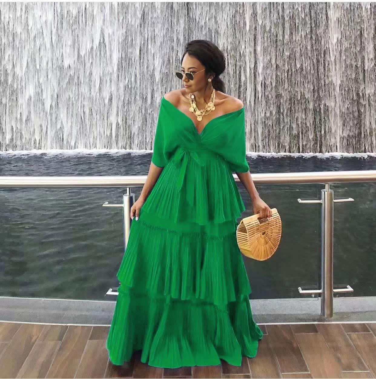 Off-shoulder tiered maxi dress in sea-green with layered ruffle skirt