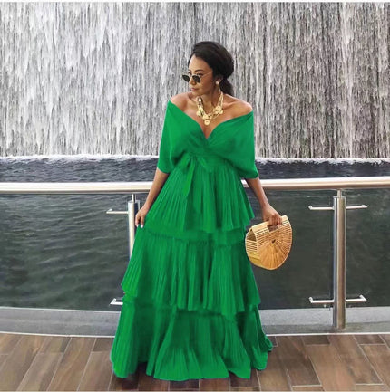 Off-shoulder tiered maxi dress in sea-green with layered ruffle skirt