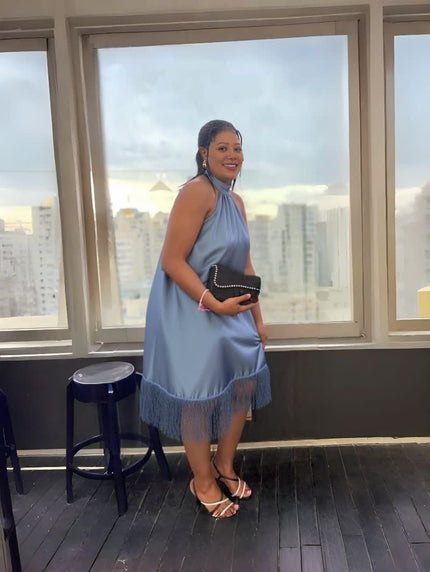 Women’s asymmetrical fringe dress in light blue, sleeveless with tassel hem