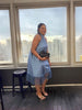 Women’s asymmetrical fringe dress in light blue, sleeveless with tassel hem