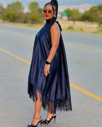 Women’s asymmetrical fringe dress in navy, sleeveless with long fringe hem