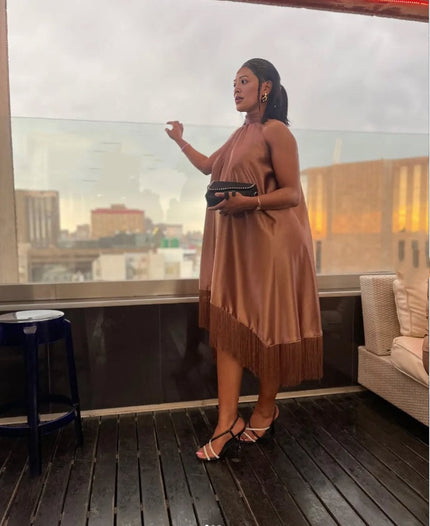 Women’s asymmetrical fringe dress in brown, sleeveless with dangling side fringe