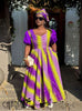 Purple geometric print maxi dress with puff sleeves and flared skirt
