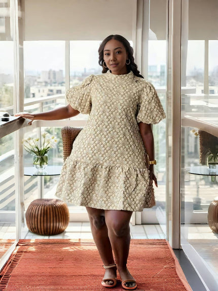 Cream lace mini dress with puff sleeves and flared tiered skirt