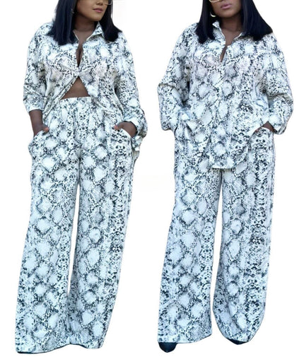 Snake-print twin set: cropped button shirt and high-waist wide-leg pants, light blue