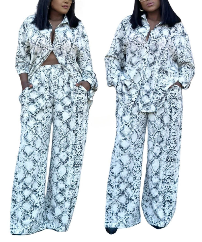 Snake-print twin set: cropped button shirt and high-waist wide-leg pants, light blue