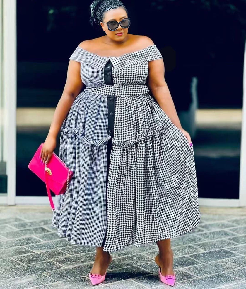 Off-shoulder houndstooth dress with button front and gathered skirt