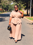 Women’s collared tie-waist blouse and pleated maxi skirt set, light tan, front view