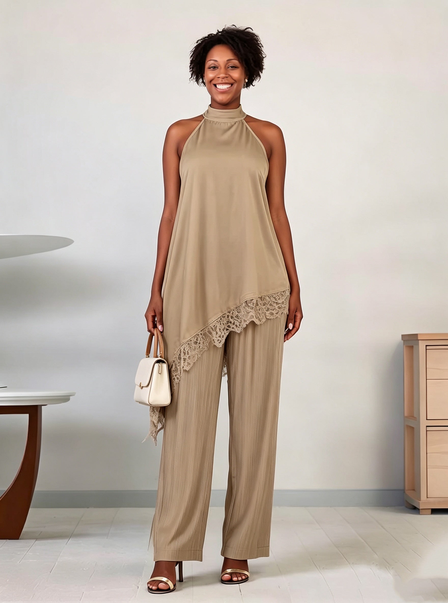 Women's halter neck asymmetrical top and wide leg pants two piece set - view 4