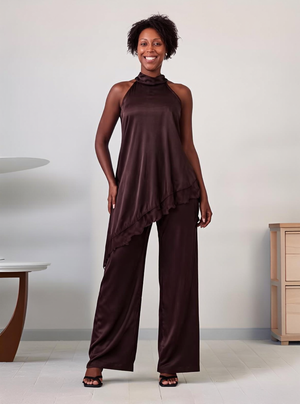 Women's halter neck asymmetrical top and wide leg pants two piece set - view 1