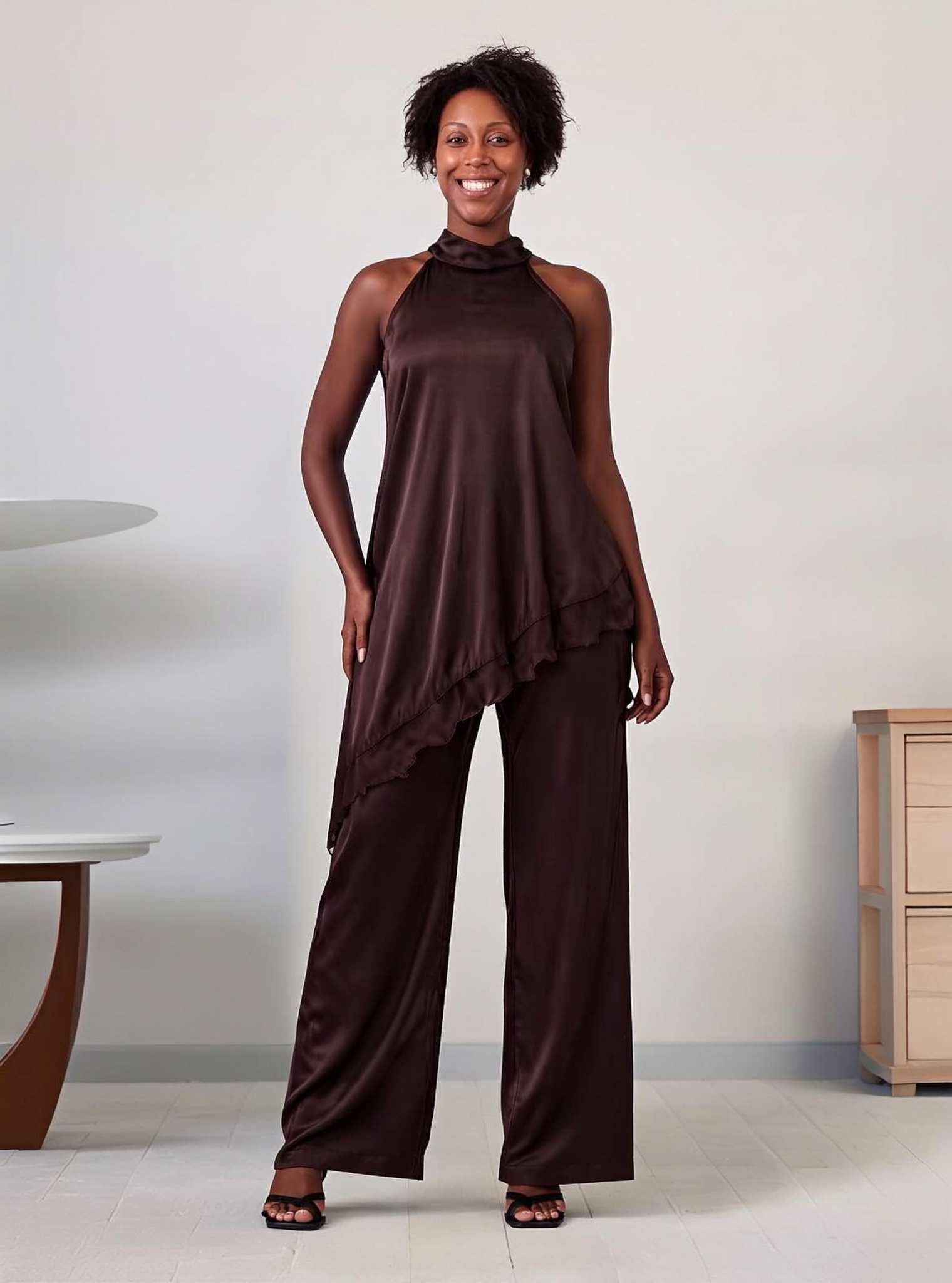 Women's halter neck asymmetrical top and wide leg pants two piece set - view 1