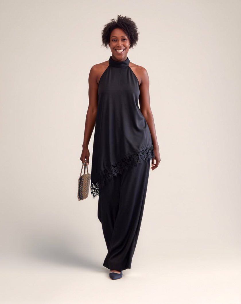 Women's halter neck asymmetrical top and wide leg pants two piece set - view 3