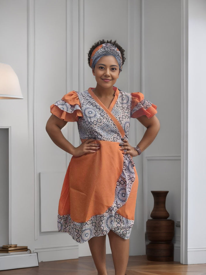 Orange wrap dress with white patterned print and ruffle puff sleeves, short skirt