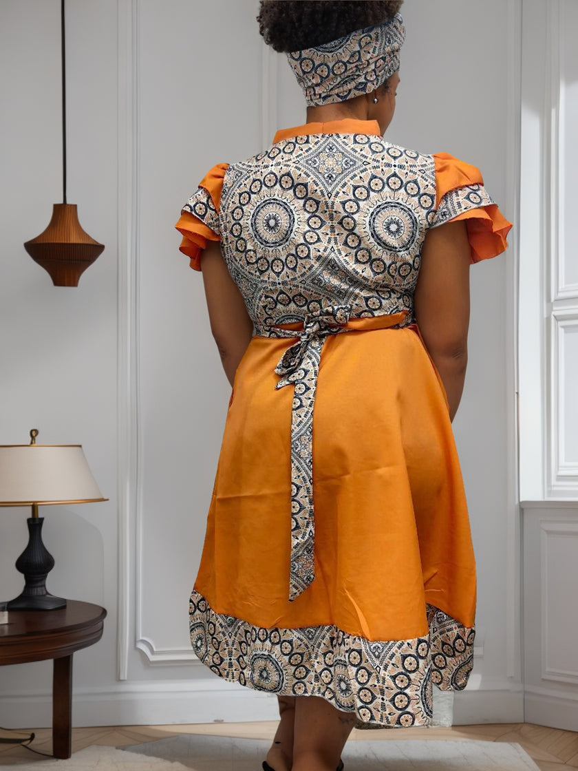 Geometric Trim Wrap Dress with Circular Motifs and Ruffled Sleeves